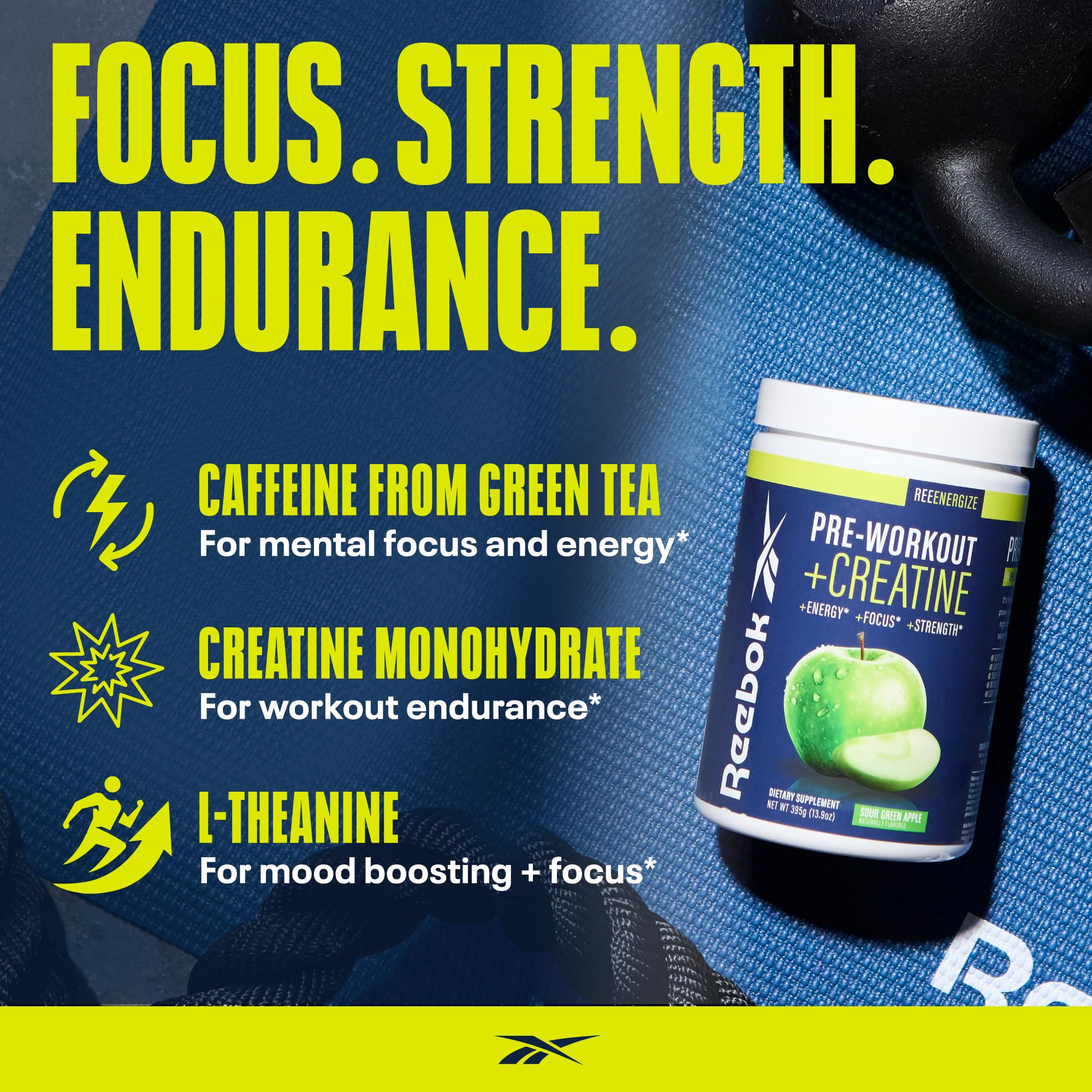 Reebok REEenergize polvo disuelto en bebida para mayor resistencia durante la sesión.