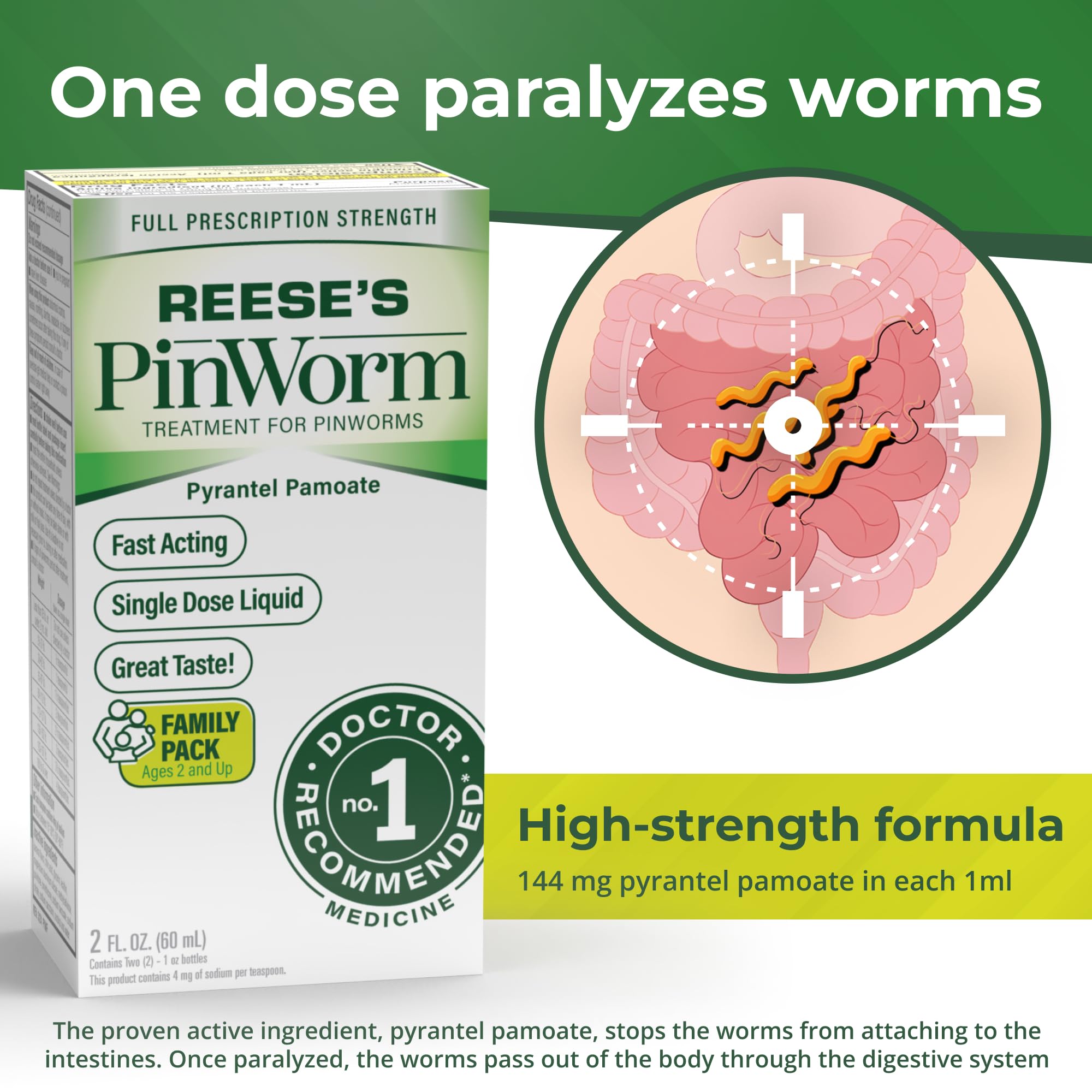 Reese's Pinworm: taza medidora asegura dosis correcta.