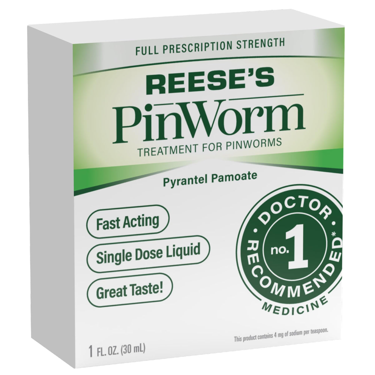 Reese’s Pinworm Medicine botella en primer plano para uso familiar y dosis única