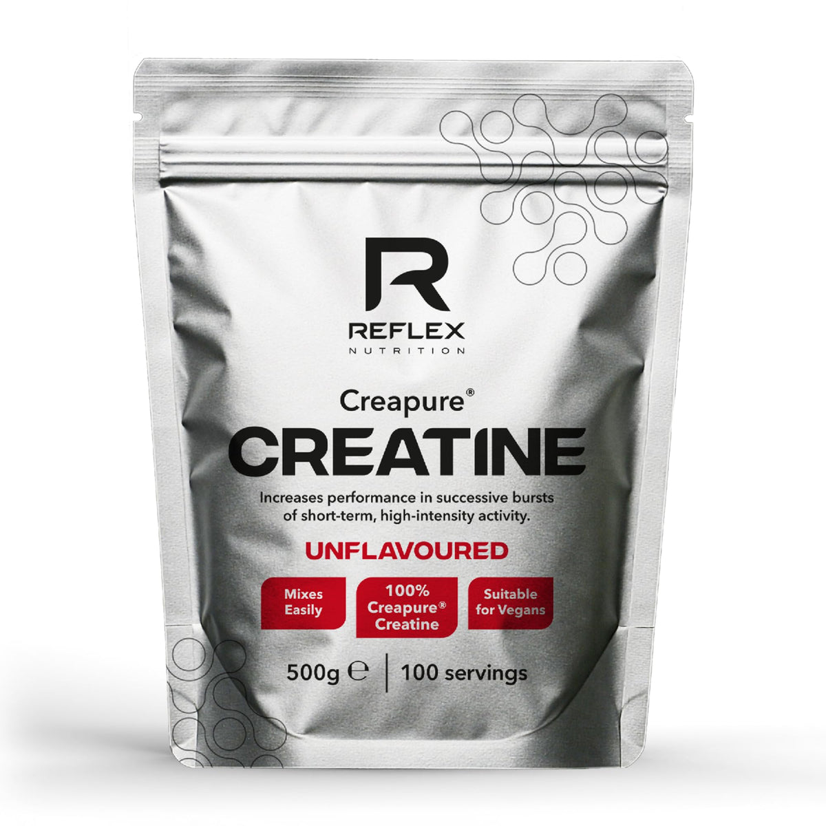 Reflex Creapure Creatina Polvo 500 g en envase, listo para mezclar antes del entrenamiento.