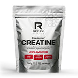 Reflex Creapure Creatina Polvo 500 g en envase, listo para mezclar antes del entrenamiento.