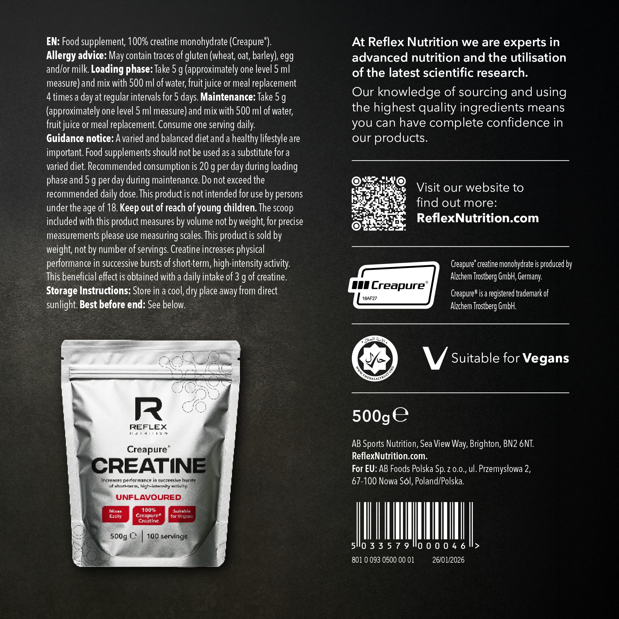 Reflex Creapure Creatina para rutina diaria de entrenamiento y mejora de rendimiento.
