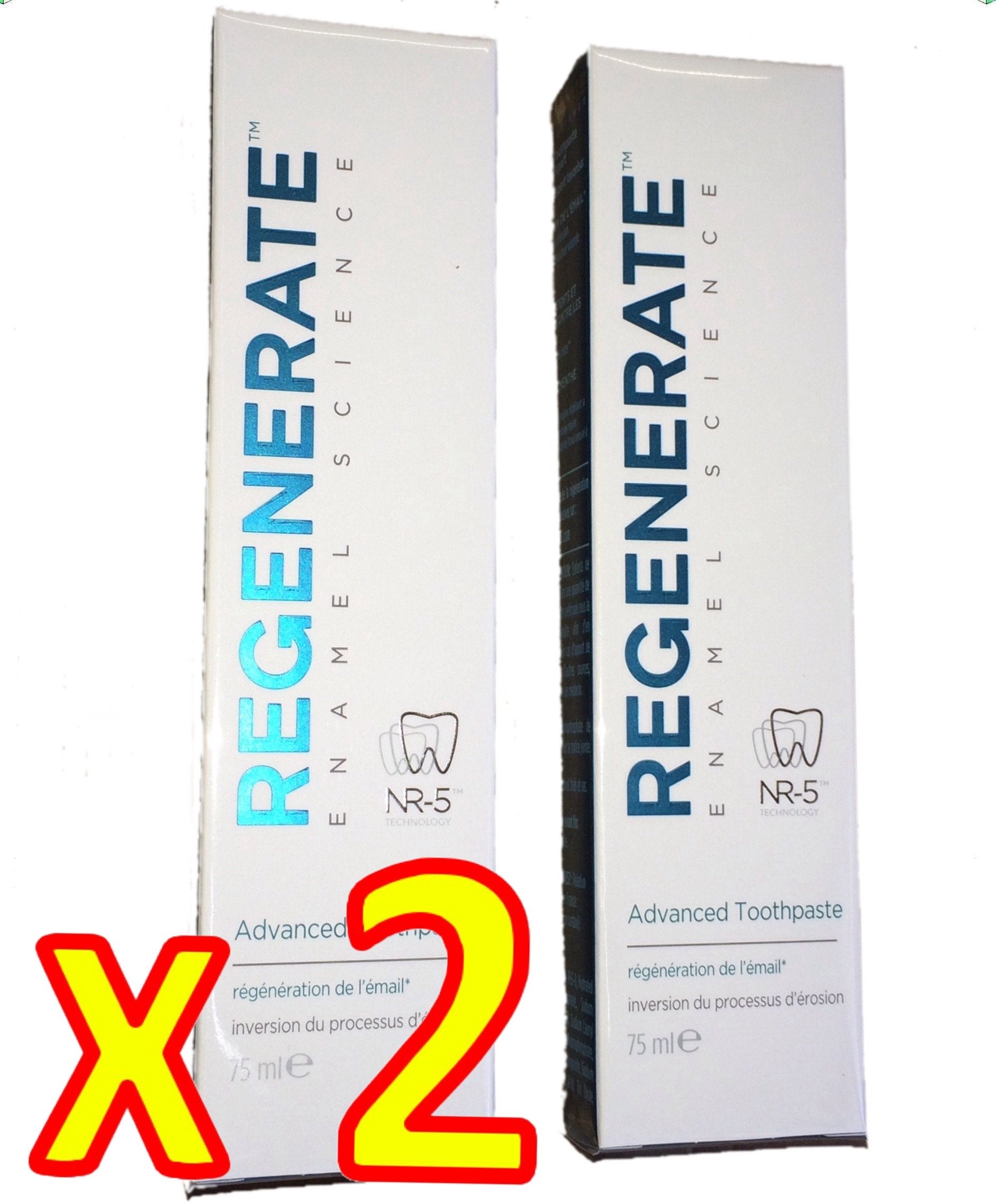 Regenerate pasta de dientes, vista frontal del pack de dos, protege y cuida el esmalte con fórmula avanzada