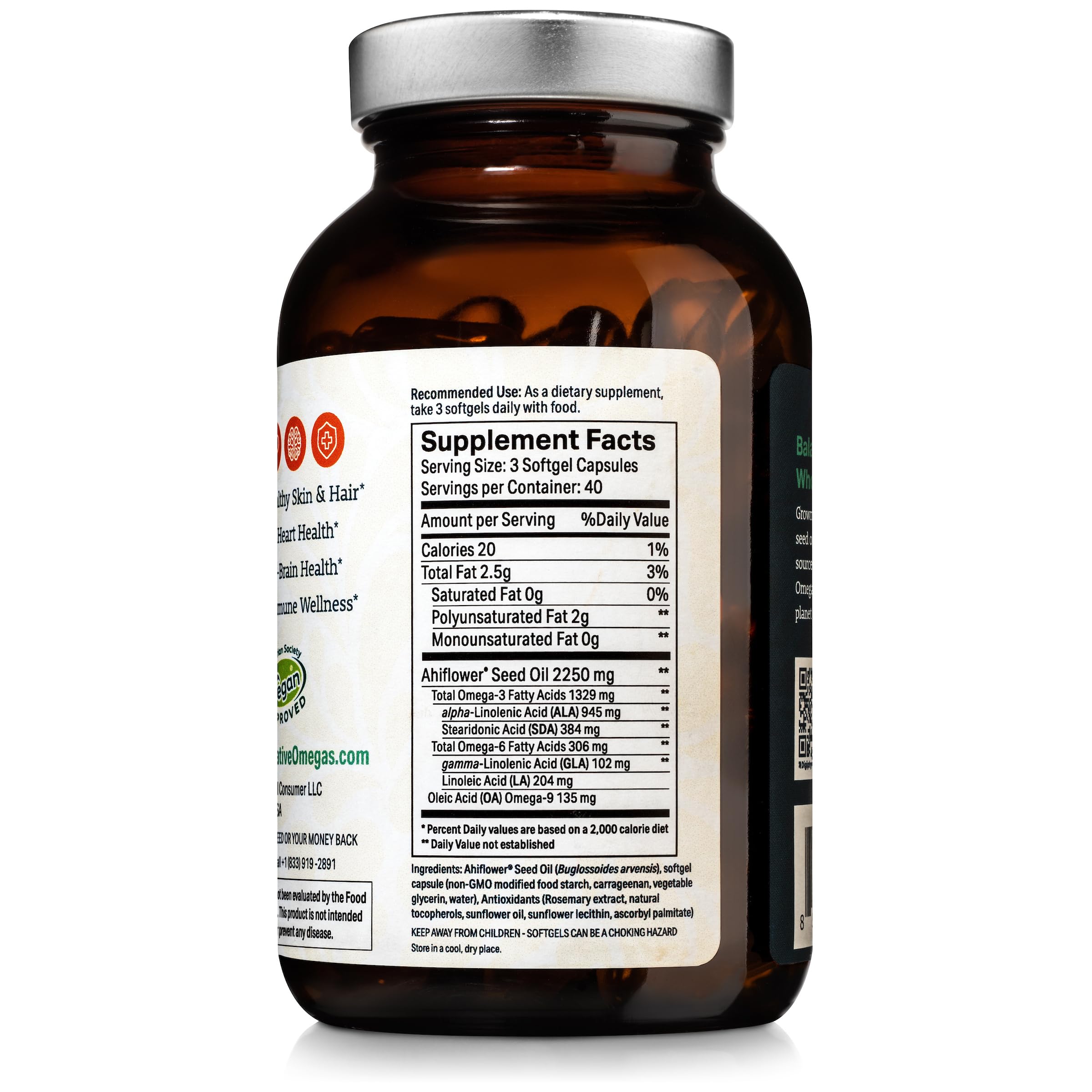 Regenerative Omegas Ahiflower: etiqueta vegana aprobada; garantía de origen vegetal y calidad