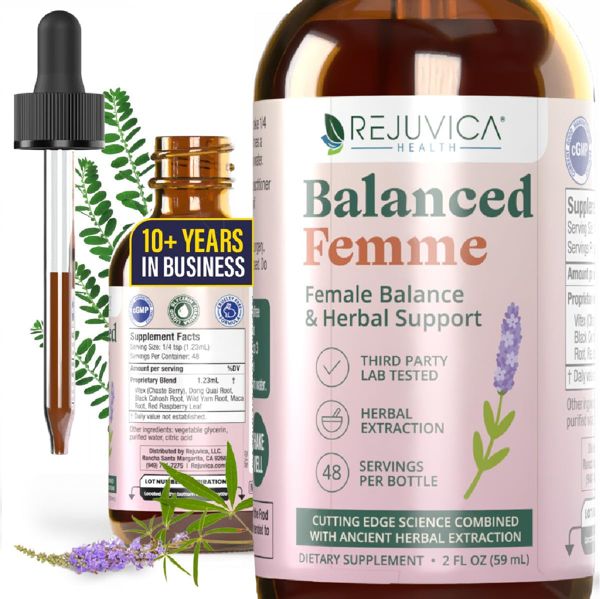 Rejuvica Balanced Femme en botella para equilibrio femenino suave.