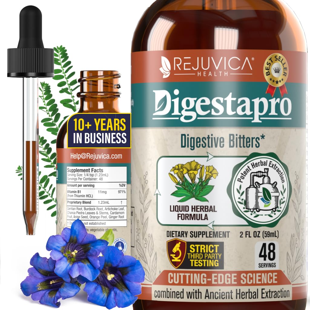Rejuvica Health DigestaPro, botella en primer plano, ingesta rápida y agradable sin pastillas.