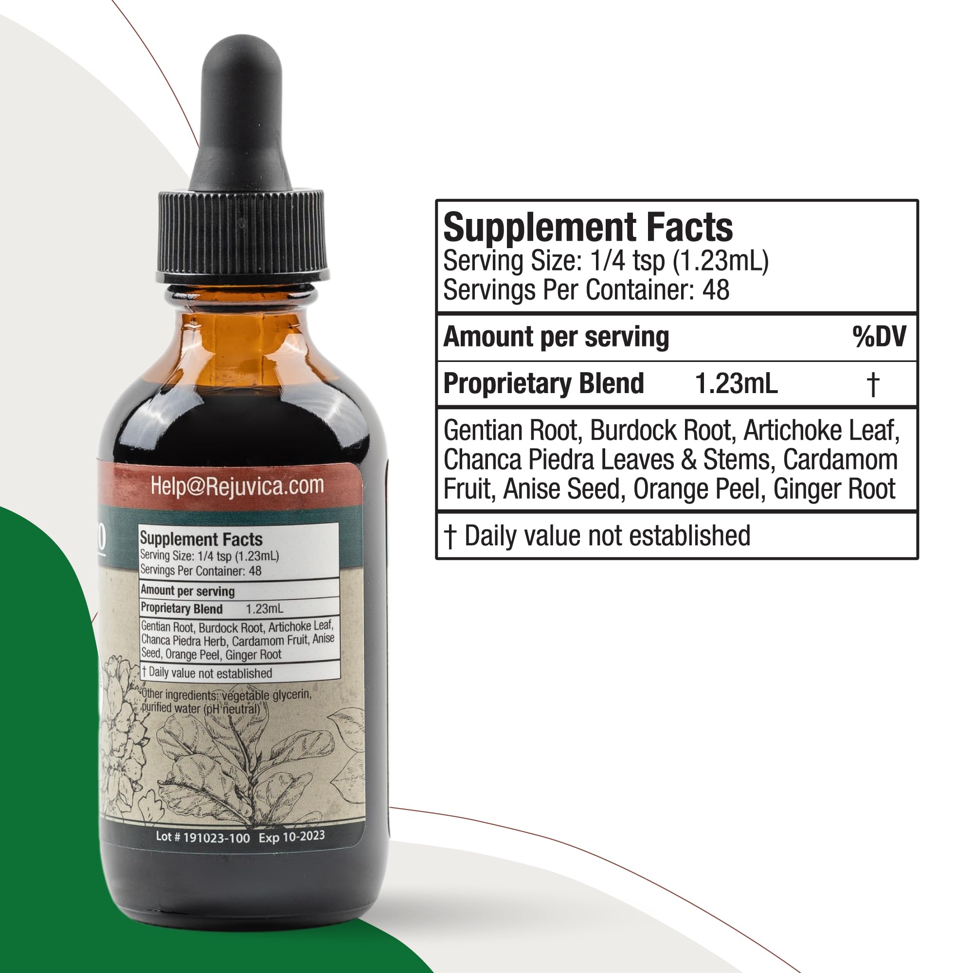 Rejuvica Health DigestaPro, ingredientes clave genciana y alcachofa, sabor natural.