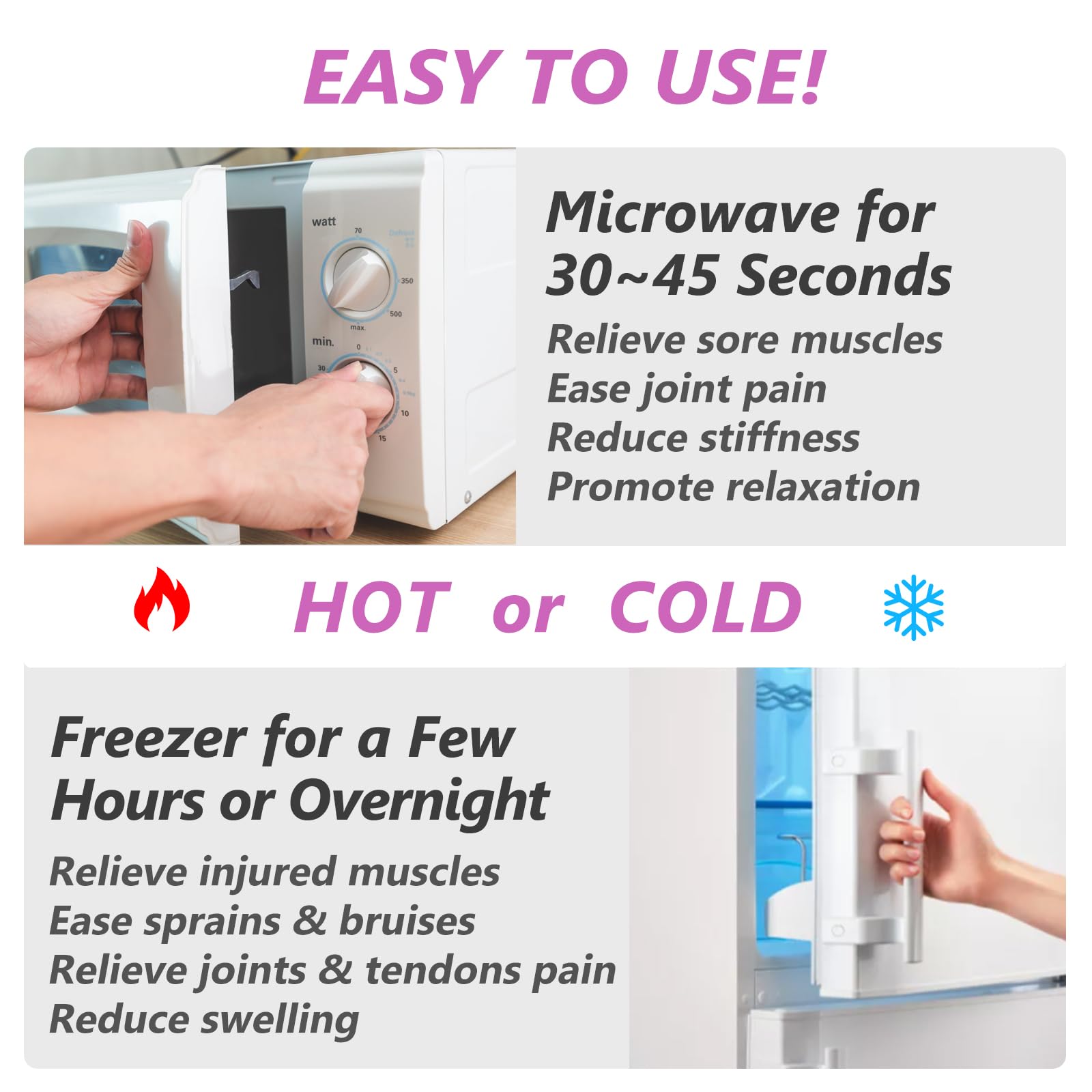 RelaxCoo calor húmedo de hasta veinte minutos para alivio cómodo.