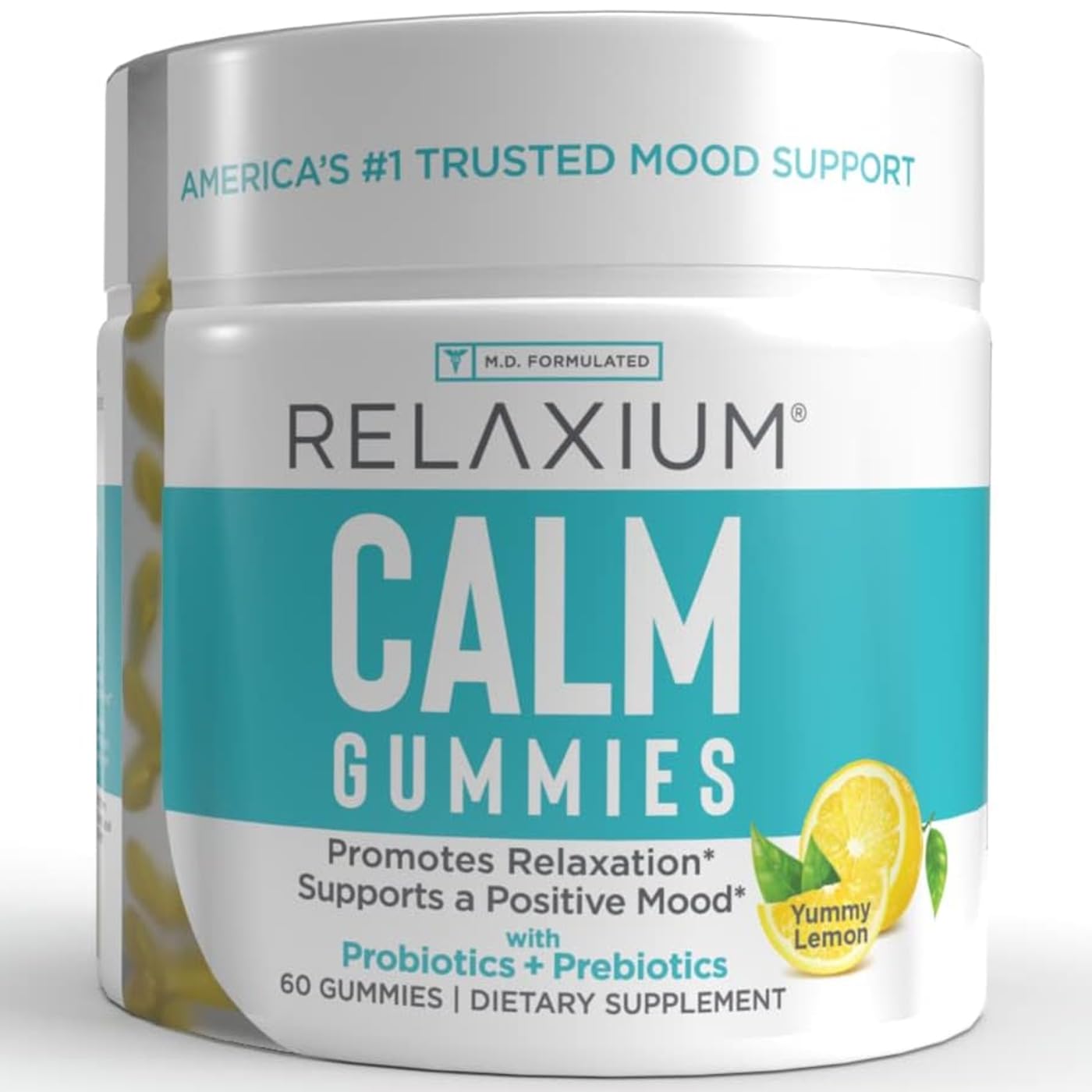 Relaxium Calm Gummies frente al bote, apoyo diario para el estrés sin somnolencia.