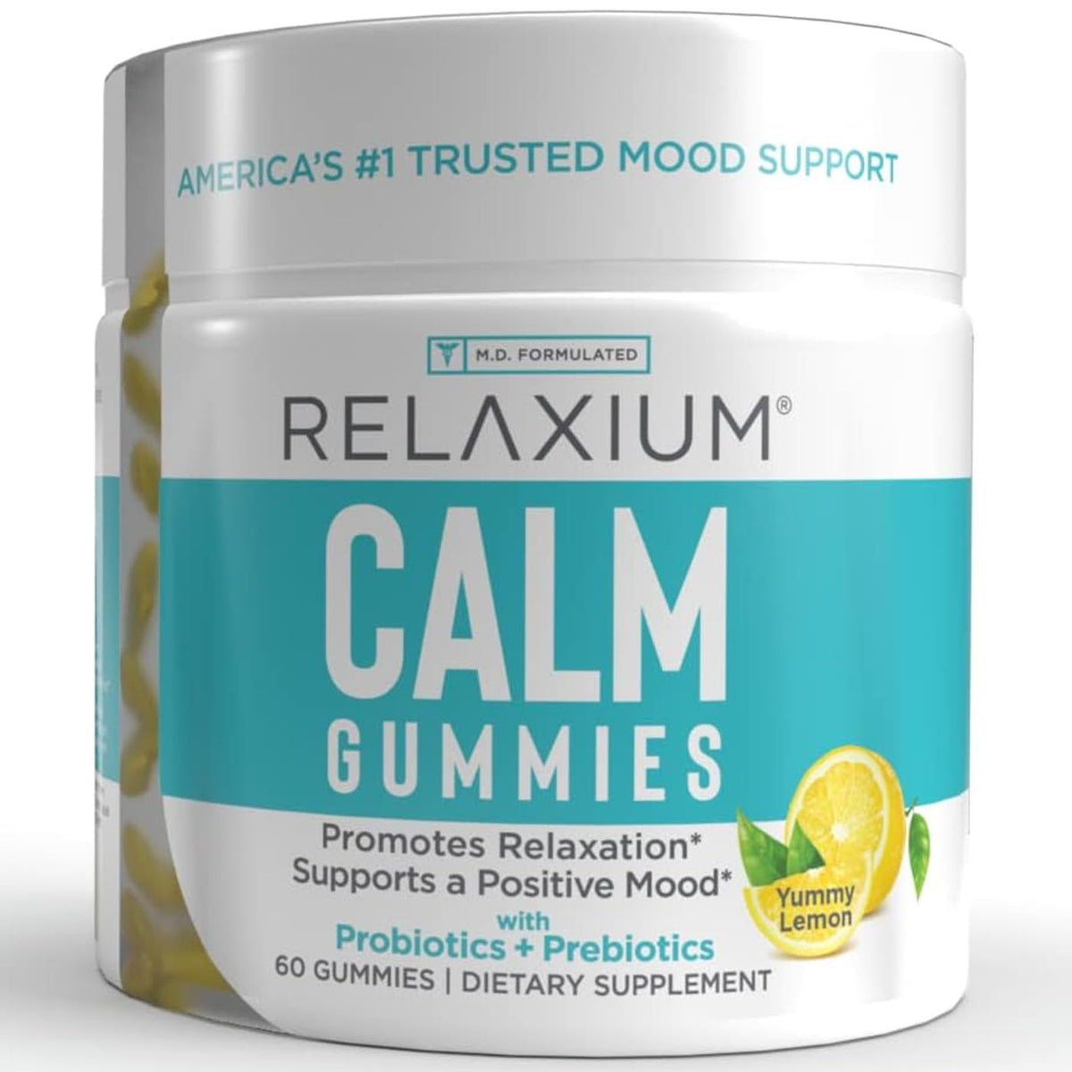 Relaxium Calm Gummies frente al bote, apoyo diario para el estrés sin somnolencia.