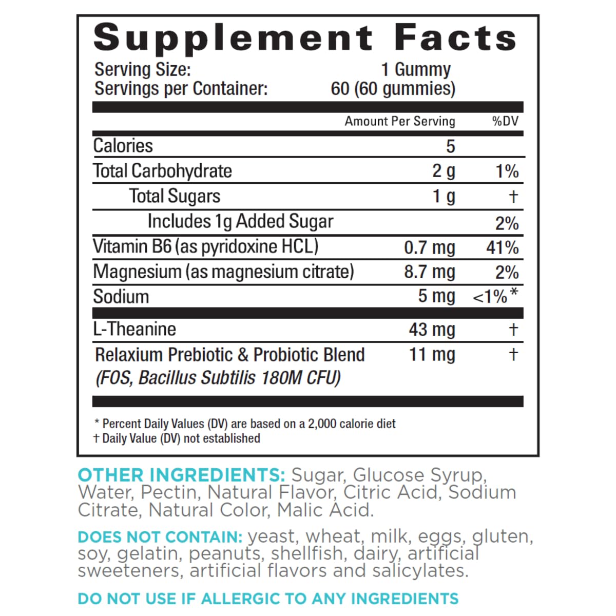 Relaxium Calm Gummies etiqueta detallada, sabor limón natural para gusto agradable.