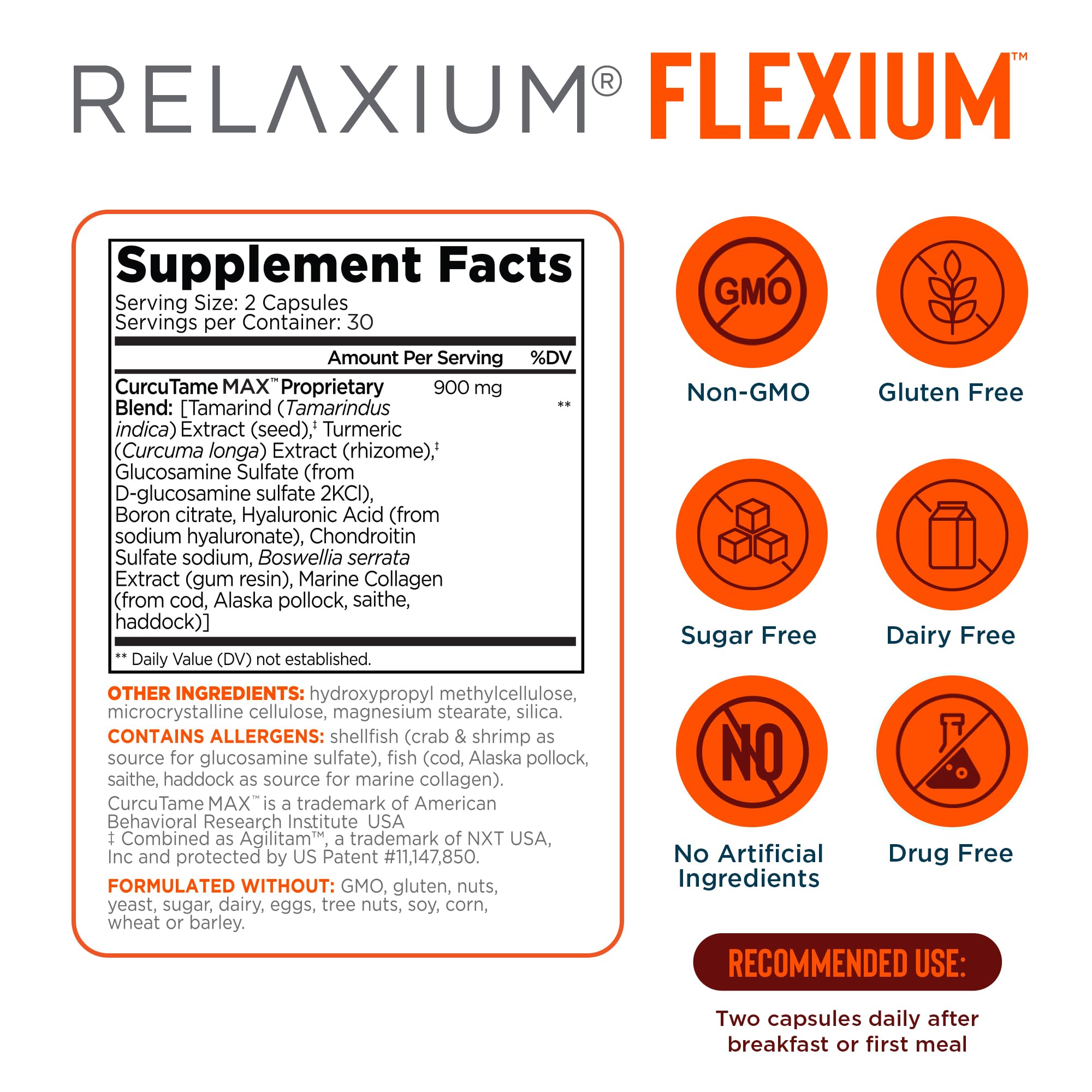 Relaxium Flexium, mezcla CurcuTame Max para apoyo inflamatorio potencial.