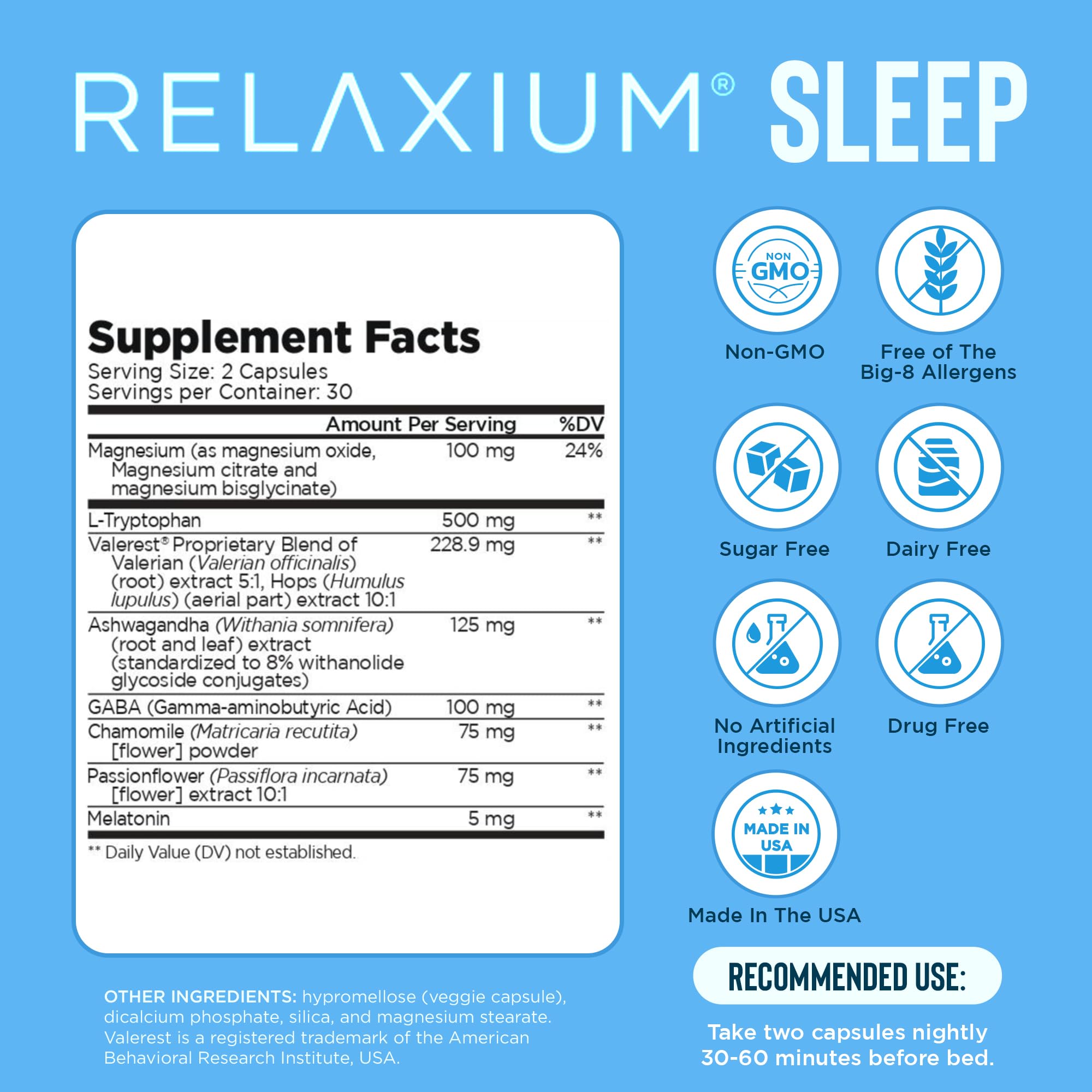 Relaxium Sleep Aid: etiqueta con ingredientes clave para el sueño