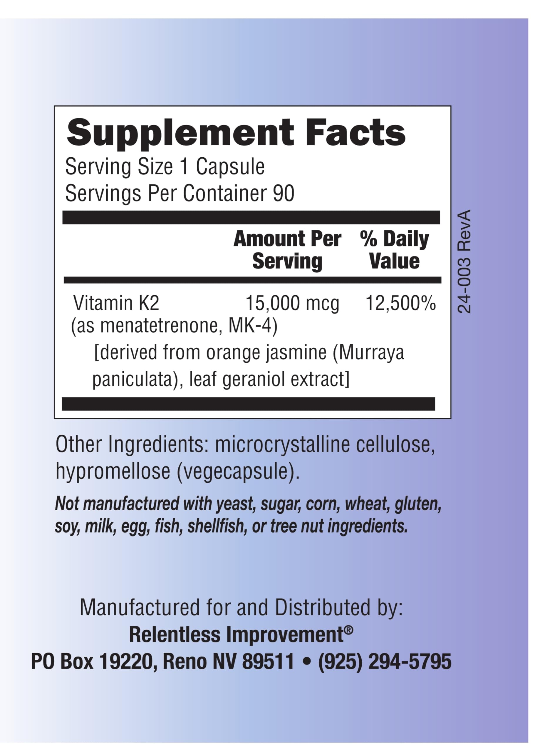 Relentless Improvement etiqueta de K2 MK4: ingredientes y pureza