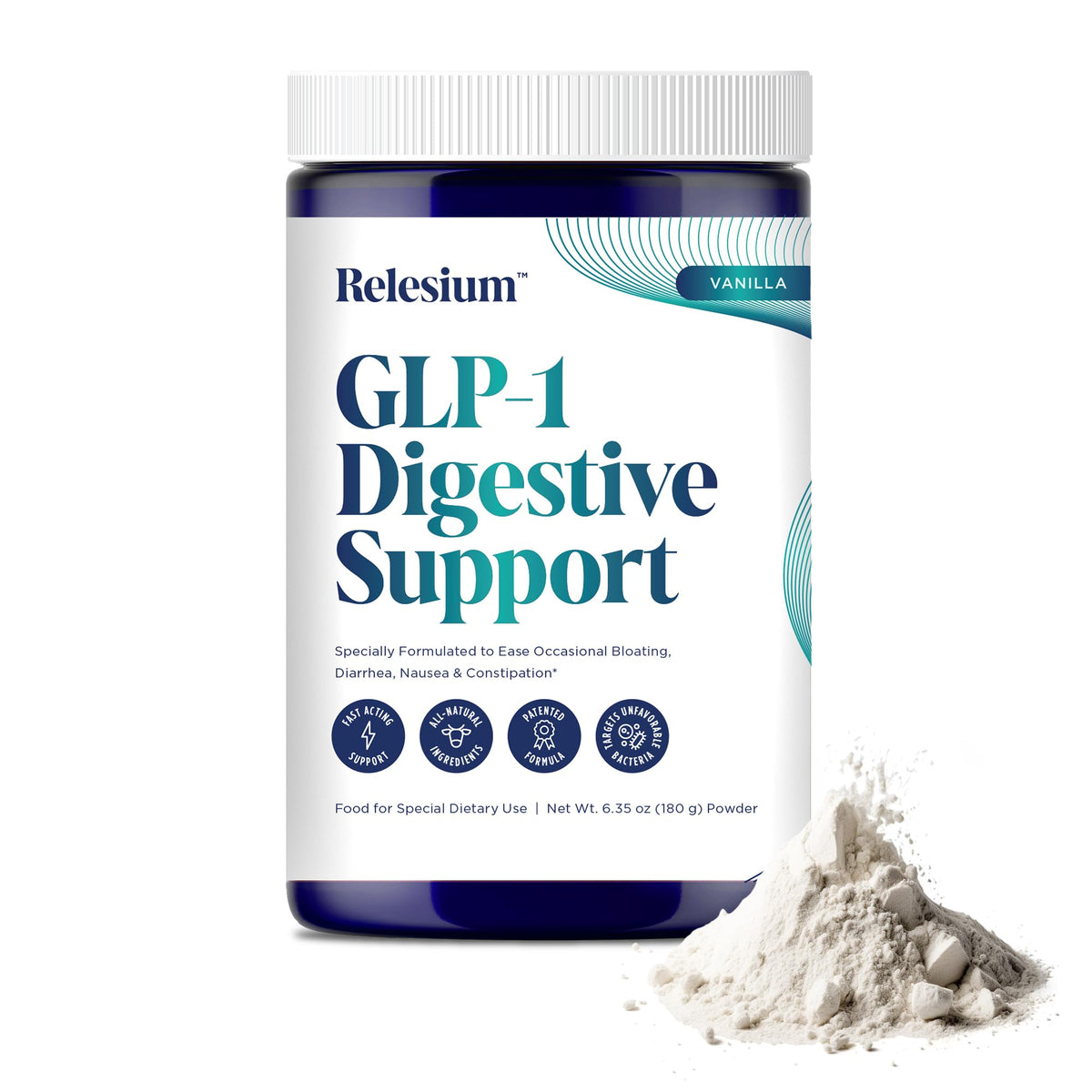 Relesium GLP-1, botella vertiendo: apoyo digestivo práctico para molestias ocasionales.