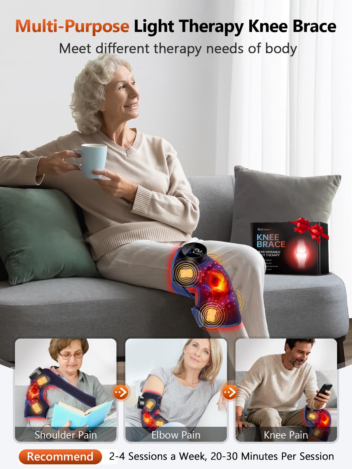 Rodillera RELEXNOW con control táctil para ajustar vibración y luz fácilmente.