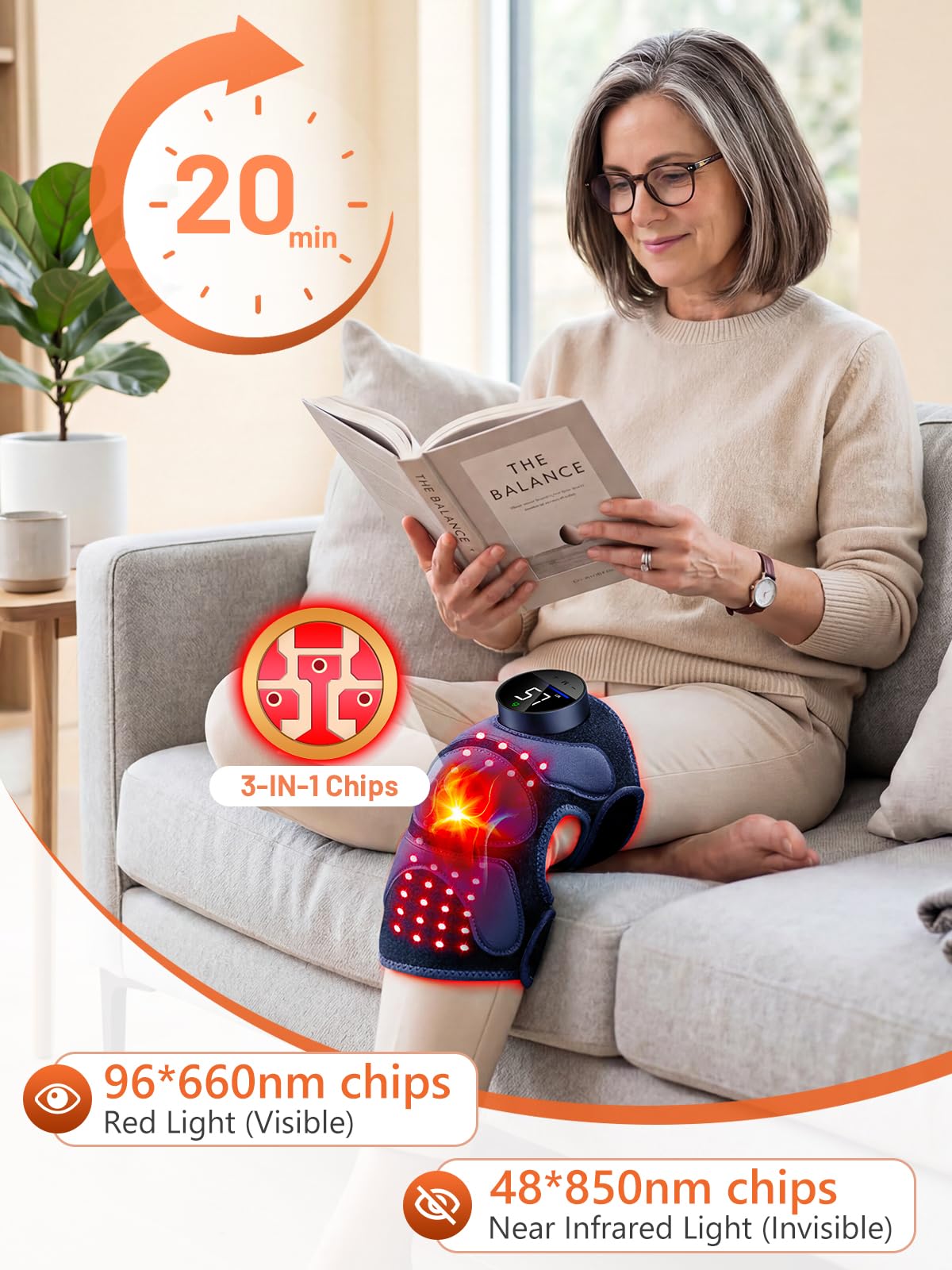 Rodillera RELEXNOW con cuatro zonas de masaje para comodidad completa.