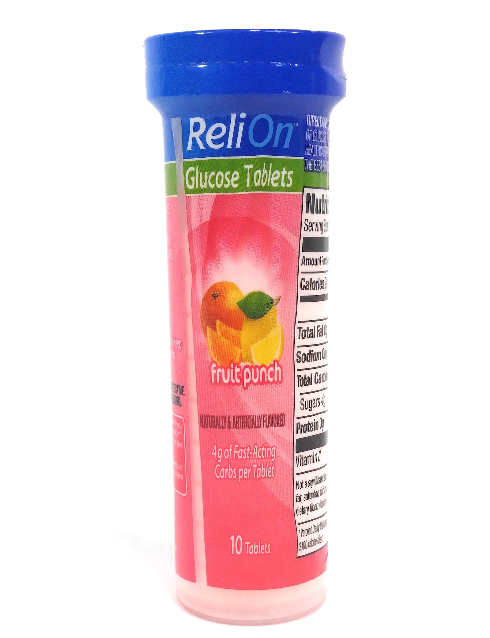 ReliOn Glucosa Tabletas sabor fruta, lista para uso rápido.