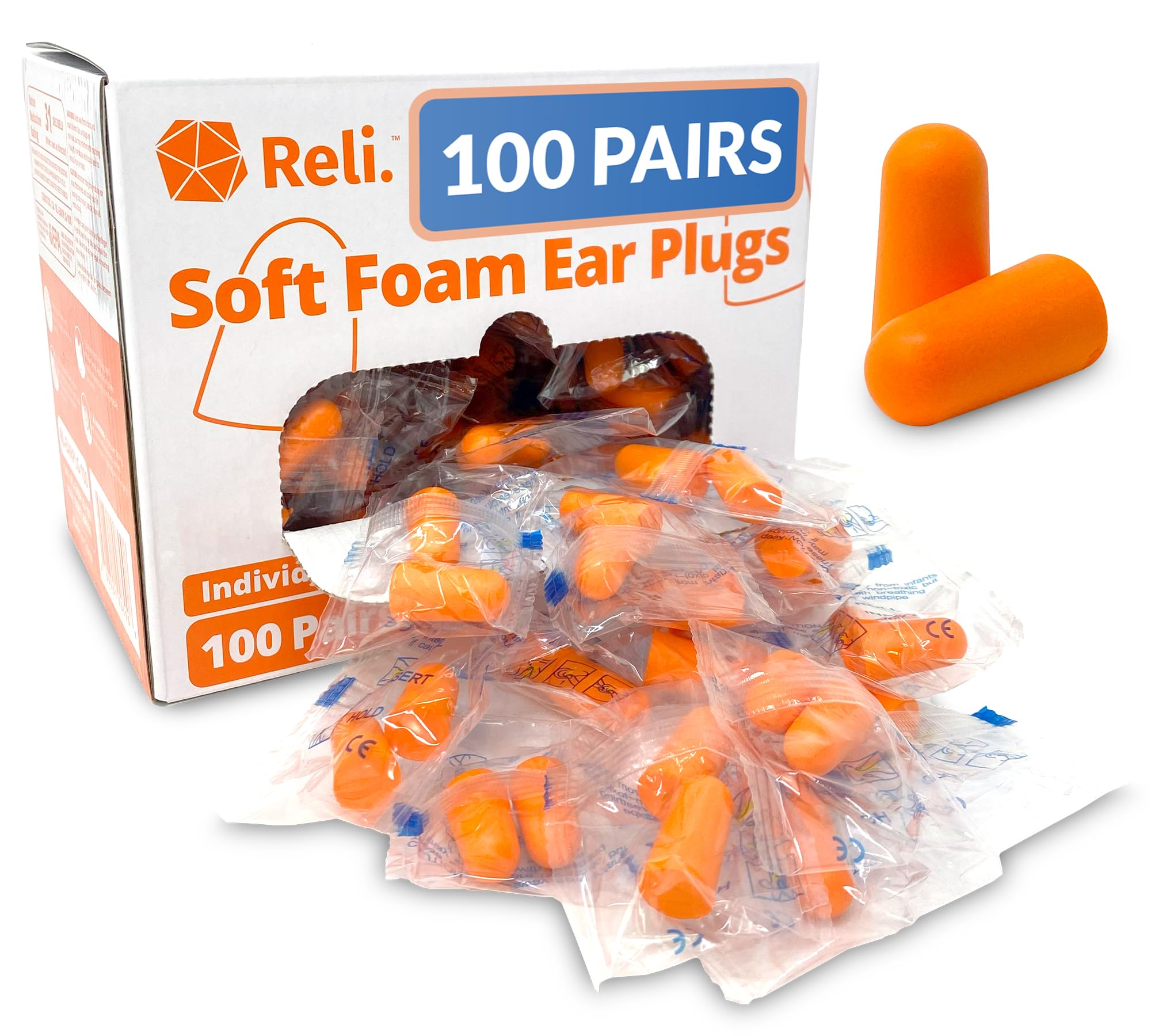 Tapones Reli de espuma para oídos, 100 pares para dormir y reducir ruidos