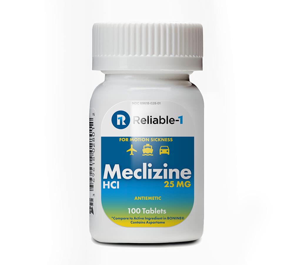 Reliable-1 Meclizina 25 mg, tabletas masticables para viajes en coche, avión o barco.