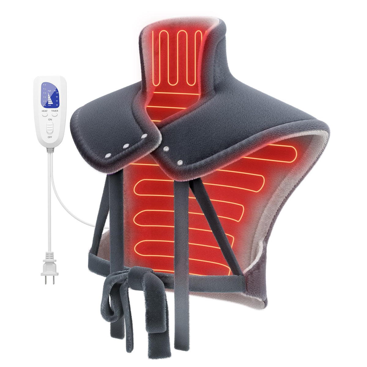 ReliefRX calentador cuello-hombros-espalda con ajuste de 4 correas para mayor comodidad.