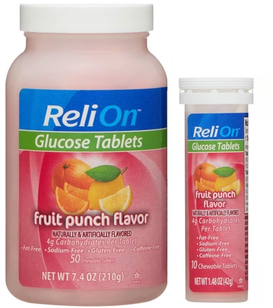 ReliOn Glucosa, frasco de 50 tabletas, conveniente para uso diario y emergencias.