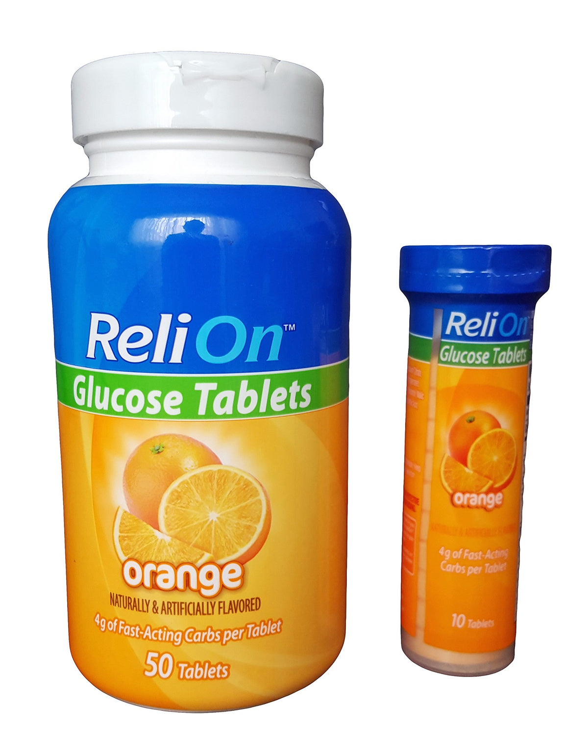 ReliOn Glucosa: tabletas en frasco, ideal para energía rápida en casa.