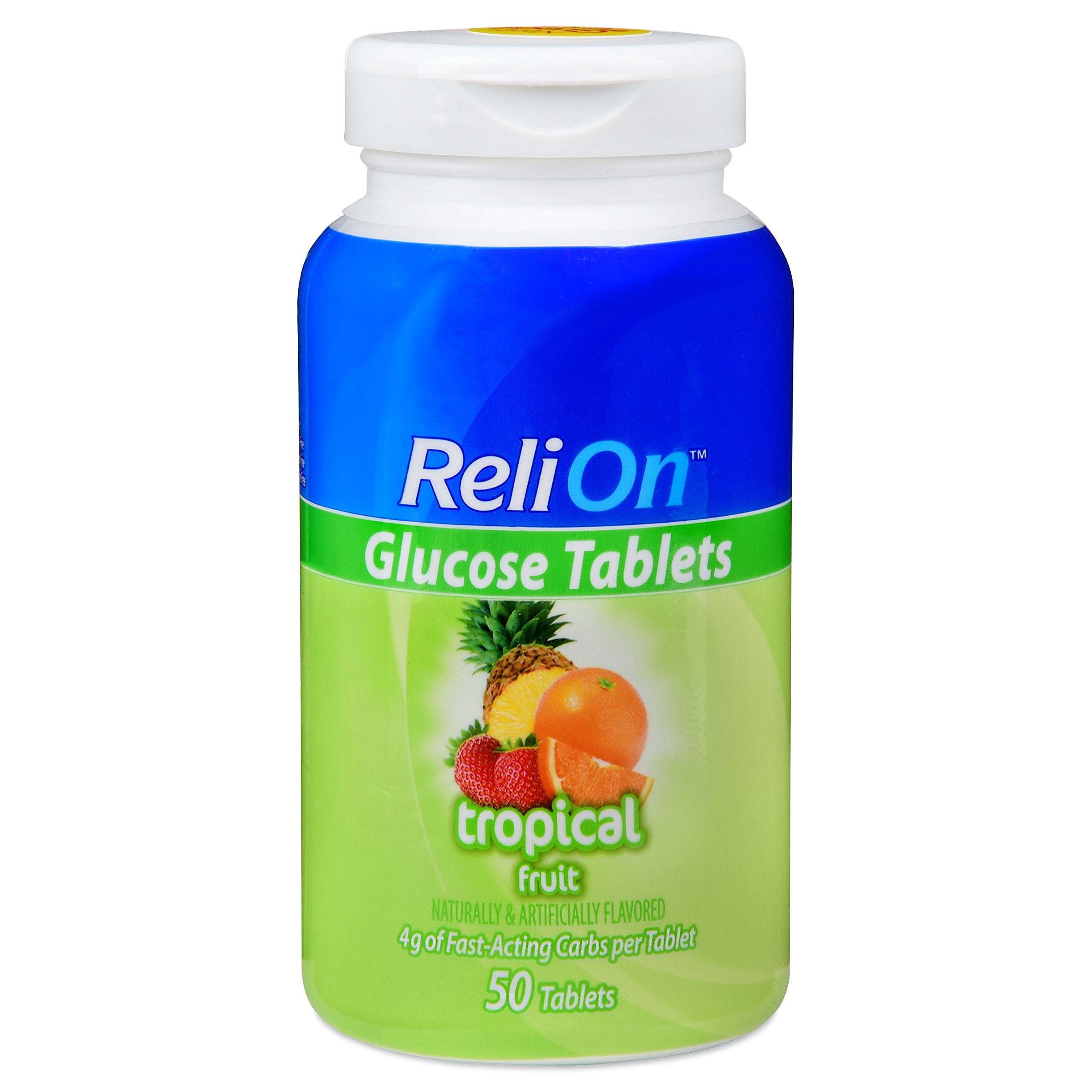 Relion tableta glucosa sabor fruta tropical, vista frontal del envase, impulso de energía rápida.