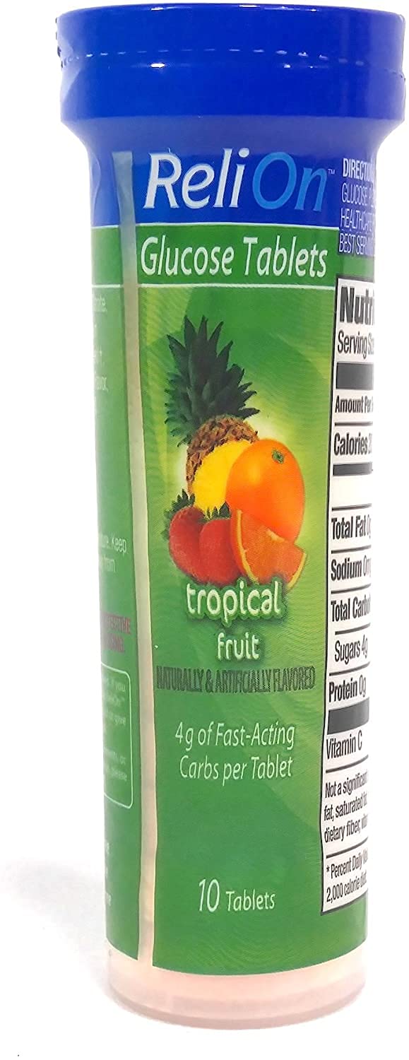 Relion Glucose Tabletas Tropical, sabor exótico, opción conveniente para movilidad