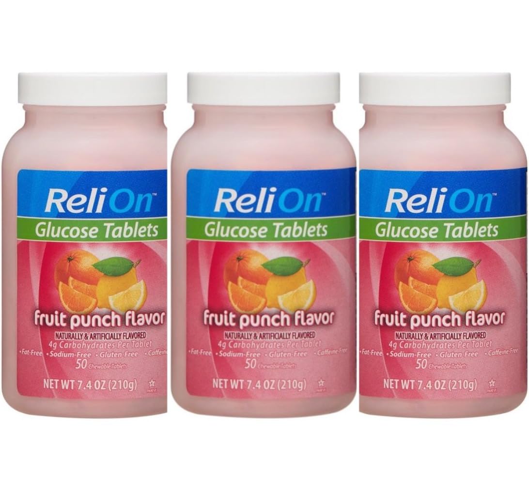 Relion tabletas de glucosa sabor Fruta Punch, empaque de 3 paquetes para energía rápida en el día