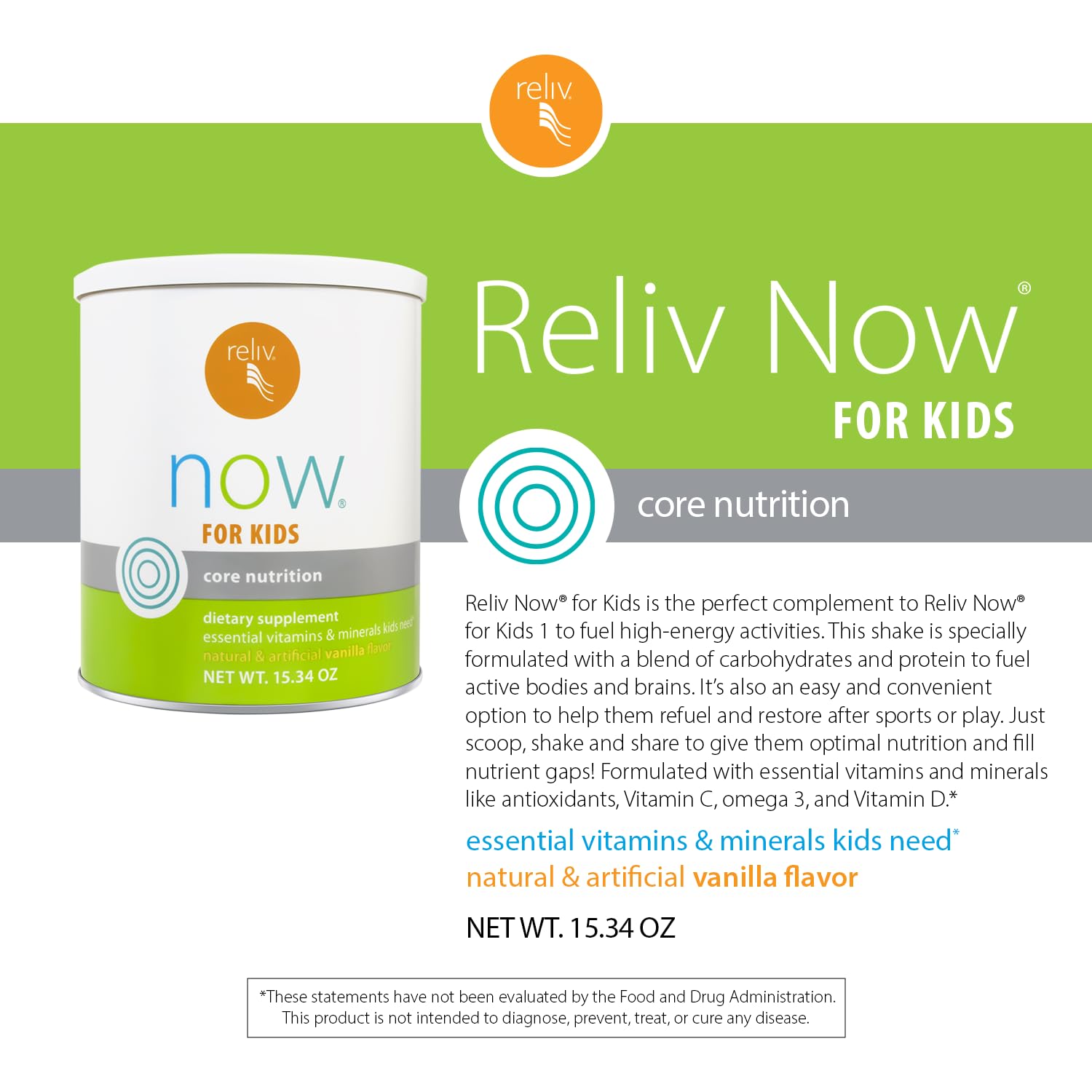 RELIV para Niños vainilla — niño bebiendo batido nutritivo tras el juego