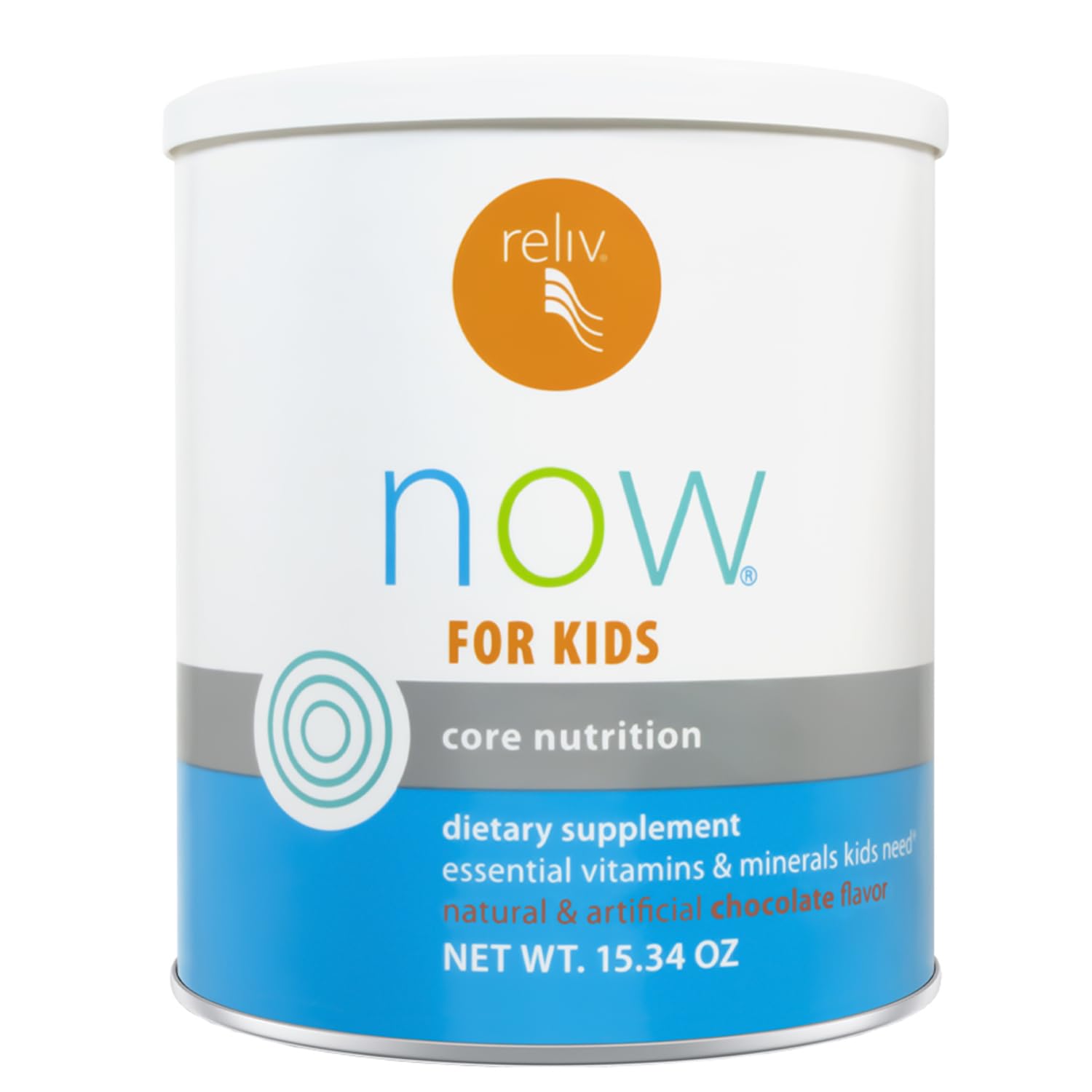 RELIV Now para niños chocolate, cuchara medidora lista para iniciar el día.