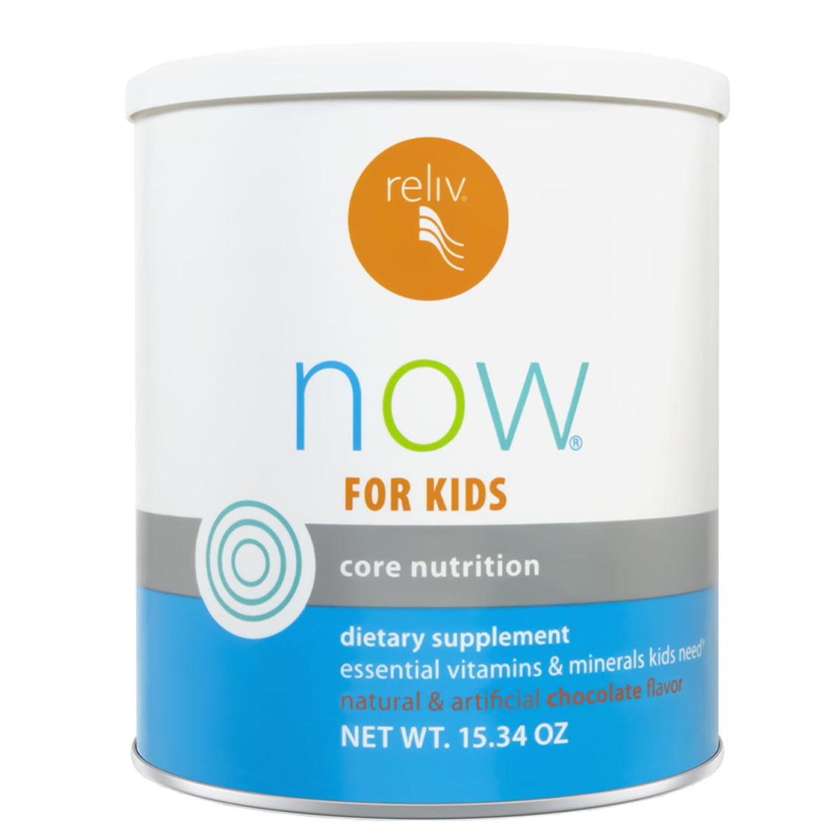 RELIV Now para niños chocolate, cuchara medidora lista para iniciar el día.