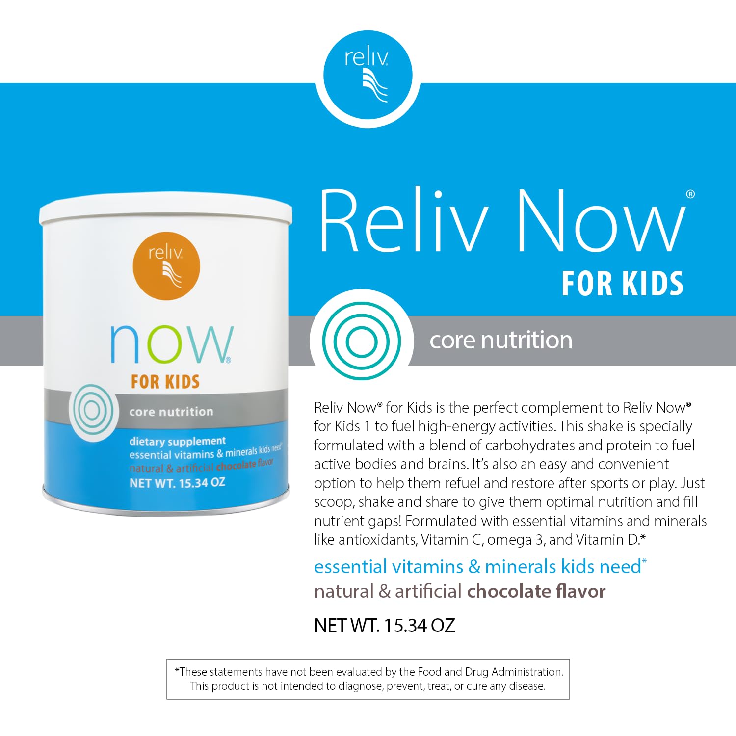 Envase de RELIV Now para niños chocolate, opción práctica para almacenar y usar.