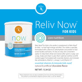 Envase de RELIV Now para niños chocolate, opción práctica para almacenar y usar.