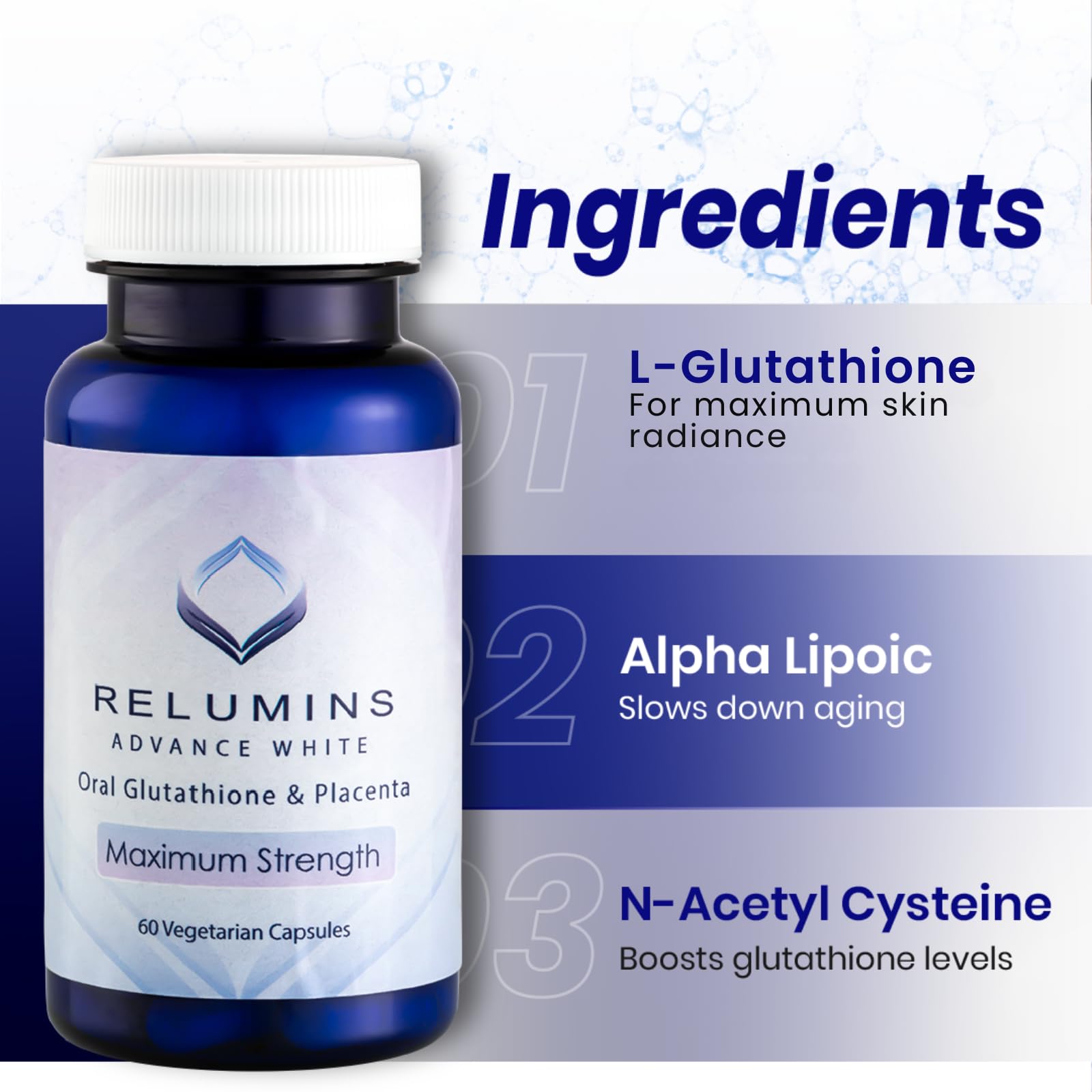 Relumins cápsulas: apoyo a la reparación de piel y colágeno.
