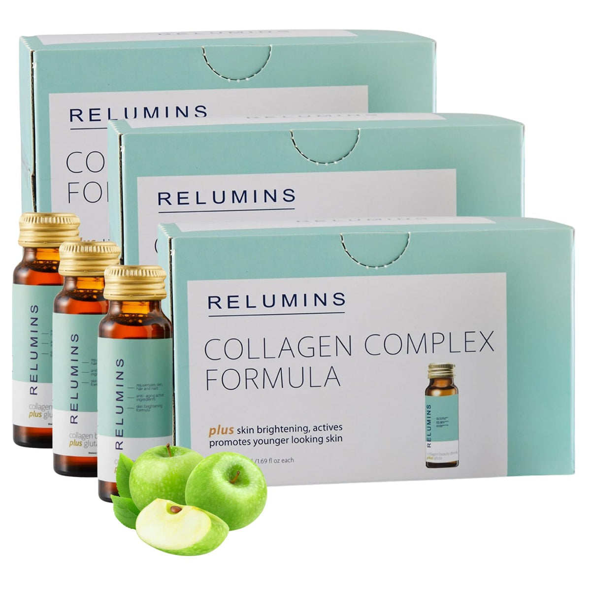 Relumins Collagen, botella de manzana para hidratación diaria y piel radiante