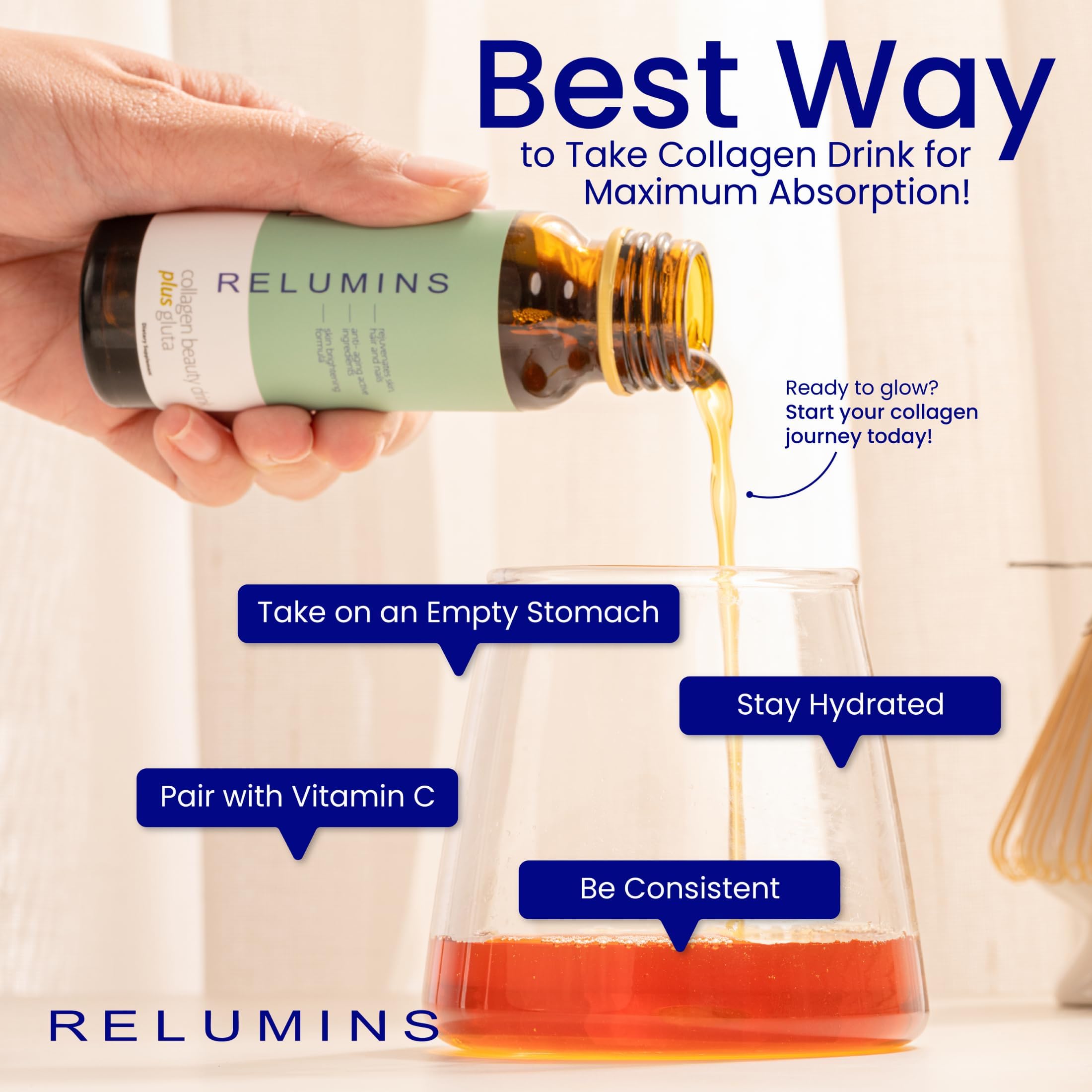 Relumins Collagen: colágeno marino para piel y cabello sanos.