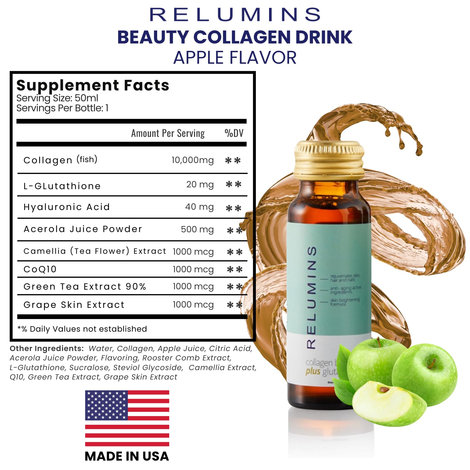 Relumins Colágeno Líquido brillo de piel, ideal para la rutina diaria.