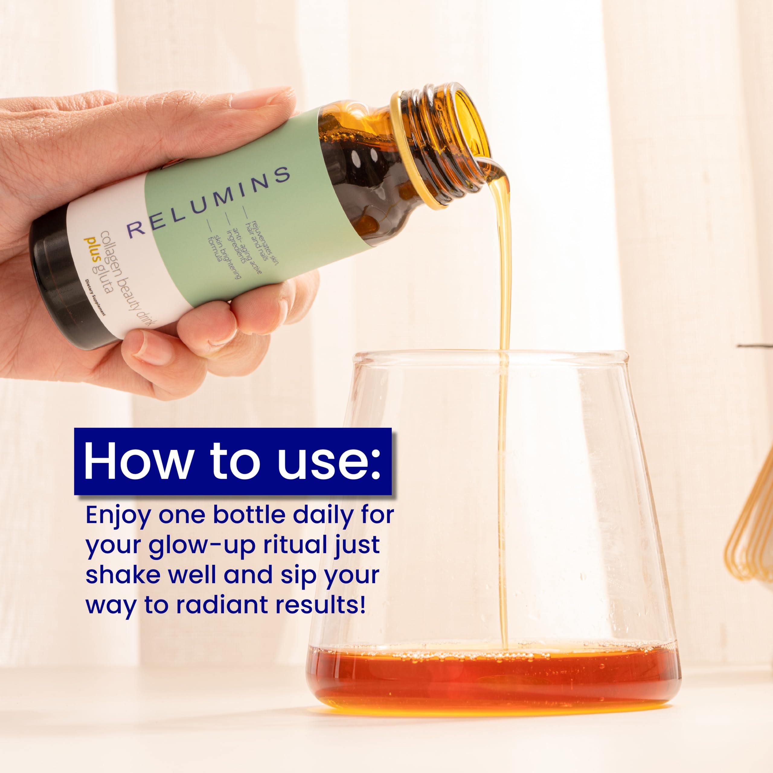 Relumins Colágeno Líquido empaque, preparación rápida para rutina de belleza.