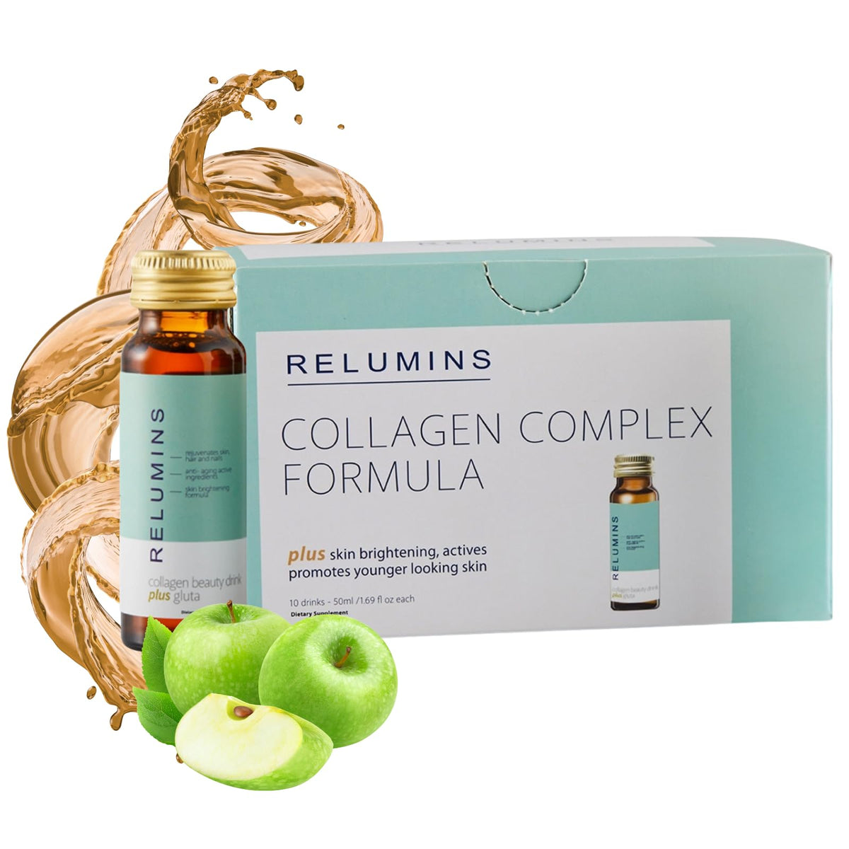 Relumins Colágeno Líquido en envase, ideal para hidratación diaria de la piel.