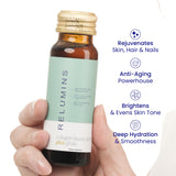Relumins Colágeno Líquido etiqueta clara, informa ingredientes nutritivos para la piel.