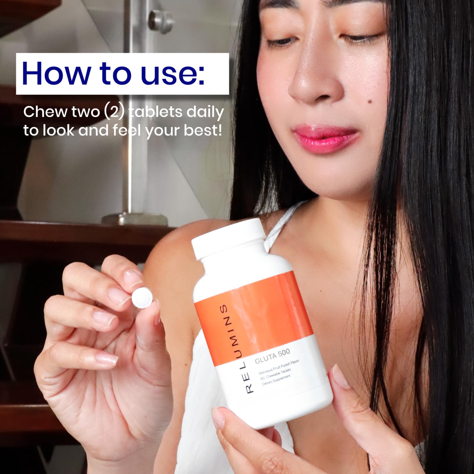 Envase de 60 tabletas Relumins Gluta 500 para uso diario.