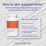 Relumins Gluta 500 uso diario para apoyo de belleza.