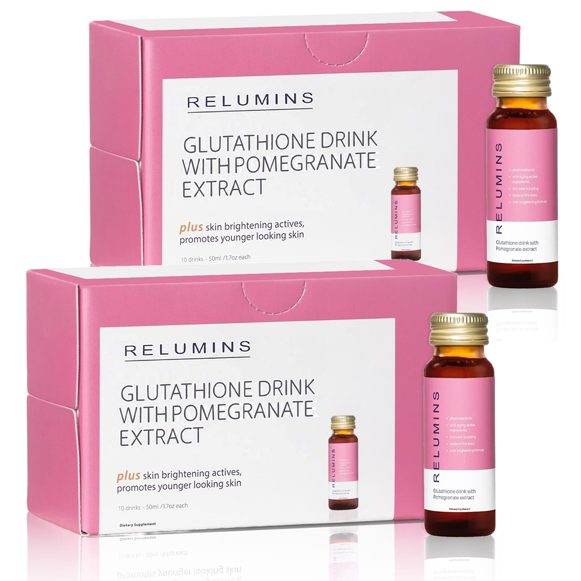 Relumins Glutathione Shots, botella de 50 ml, hidratación y luminosidad para la piel.