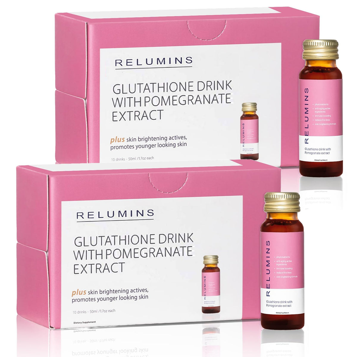 Relumins Glutathione Shots, botella de 50 ml, hidratación y luminosidad para la piel.