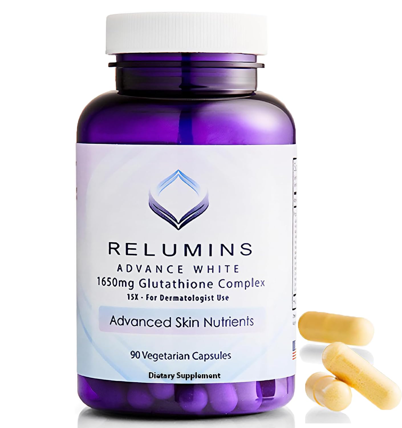 Relumins Glutatión 1650 mg – botella y etiqueta para apoyo de defensa antioxidante