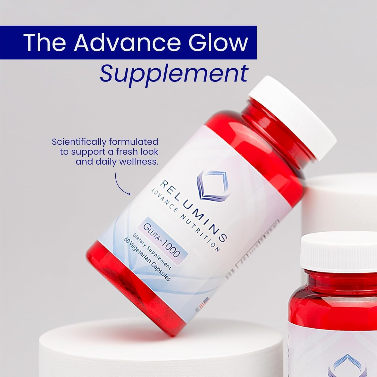 Relumins L-Glutathione Spring Glow, envase transparente, facilita verificación de dosis diaria