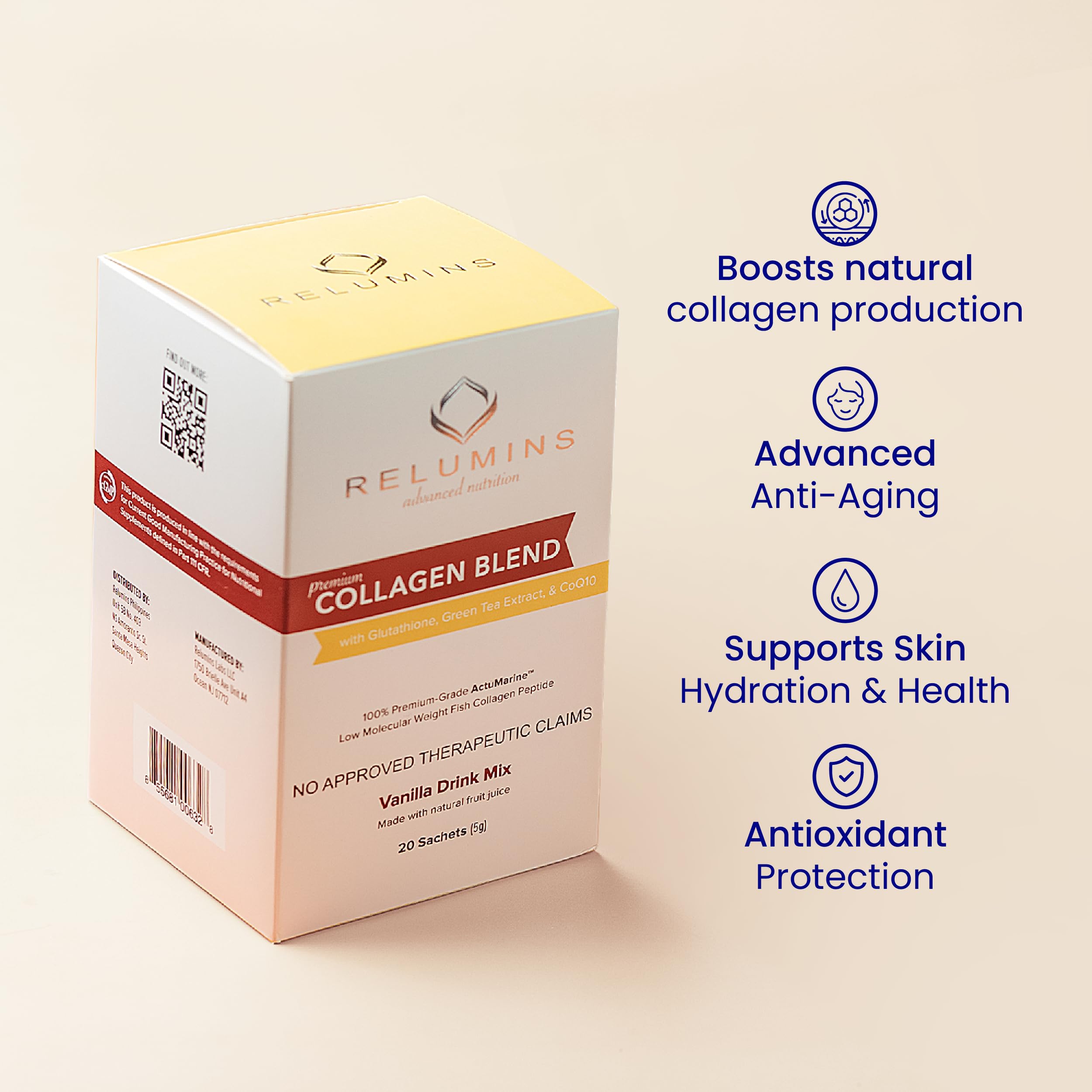 Relumins Marine Collagen con CoQ10 y té verde para vitalidad.