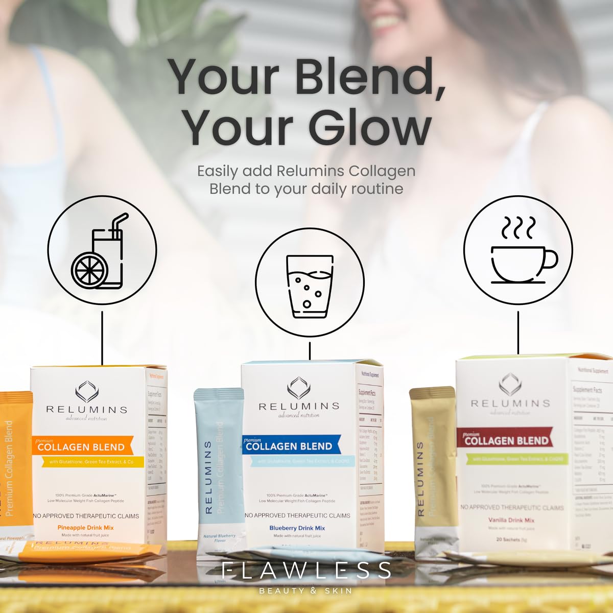 Relumins Marine Collagen piel radiante con uso diario.